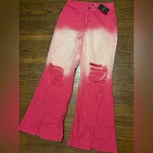 Trendy Pink Flare Jeans with Distressed Details